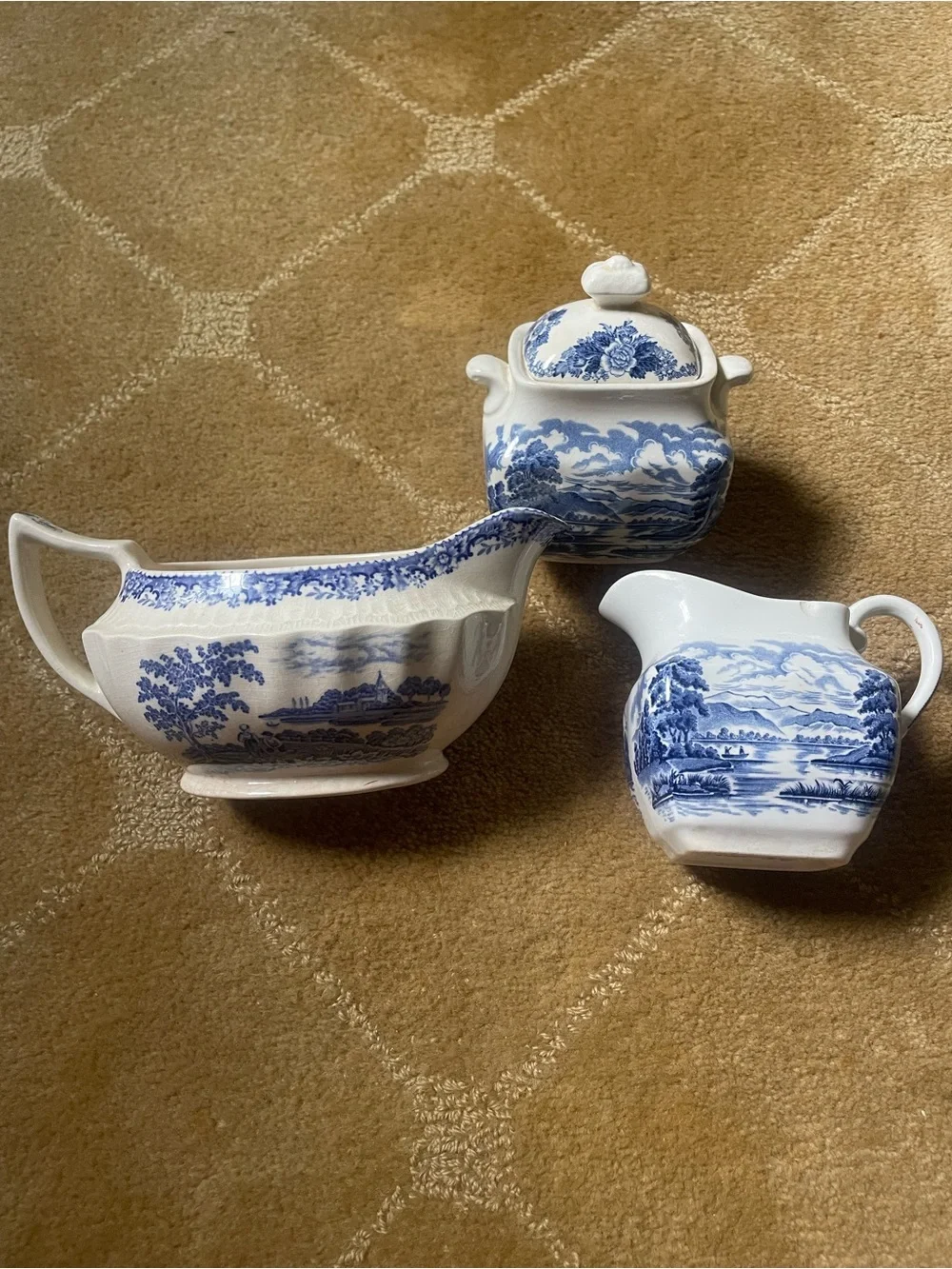 Blue and White Transferware Creamer, Sugar and Gravy Set